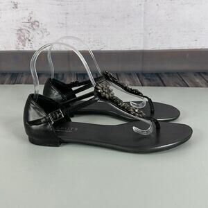 Talbots Sandal Womens 7.5 Black Jeweled Adjustable Strap Flat‎ Open Toe Shoe